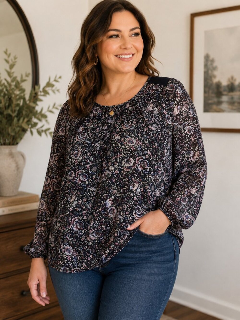 Reitmans Floral Sheer Sleeve Blouse XL Dark Academia